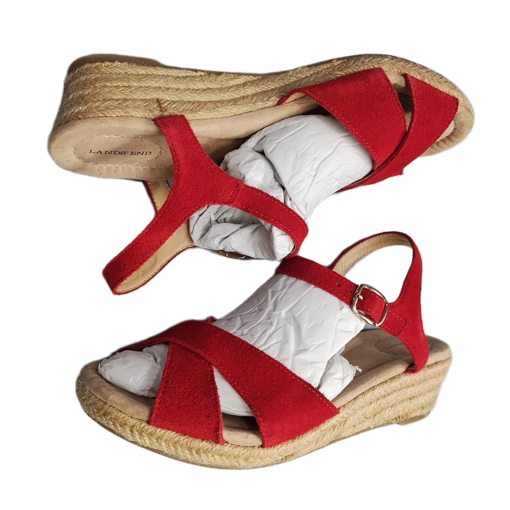 Lands' End Wedge Espadrille Sandals Womens Size 9B Red Open Toe Buckle Strap